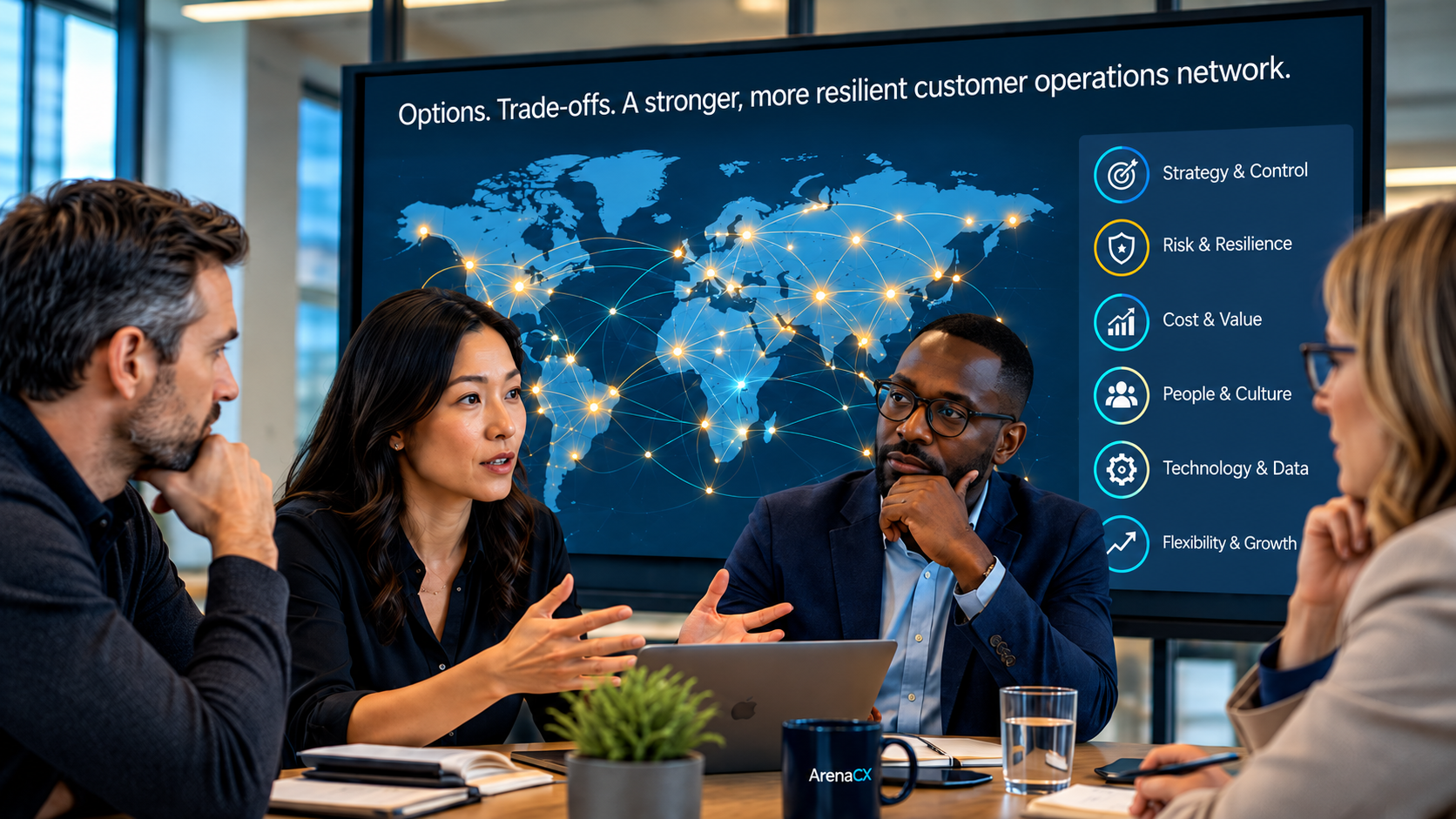 Customer-operations leaders discuss provider-model options in front of a global operations network display.