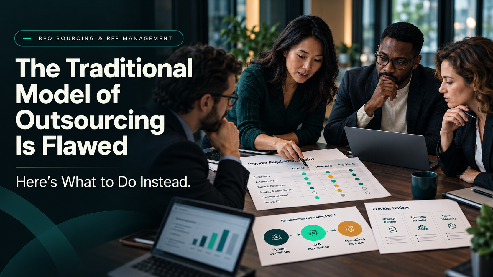 A team of sourcing and operations leaders reviews provider options around a conference table beneath the article title.