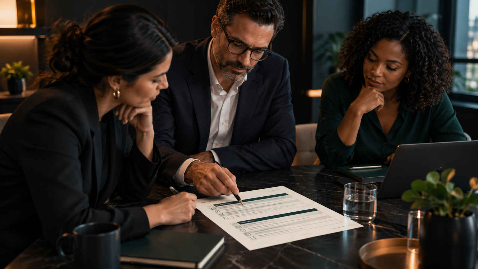 Three customer-operations leaders reviewing a structured sourcing checklist together in a contemporary executive workspace.