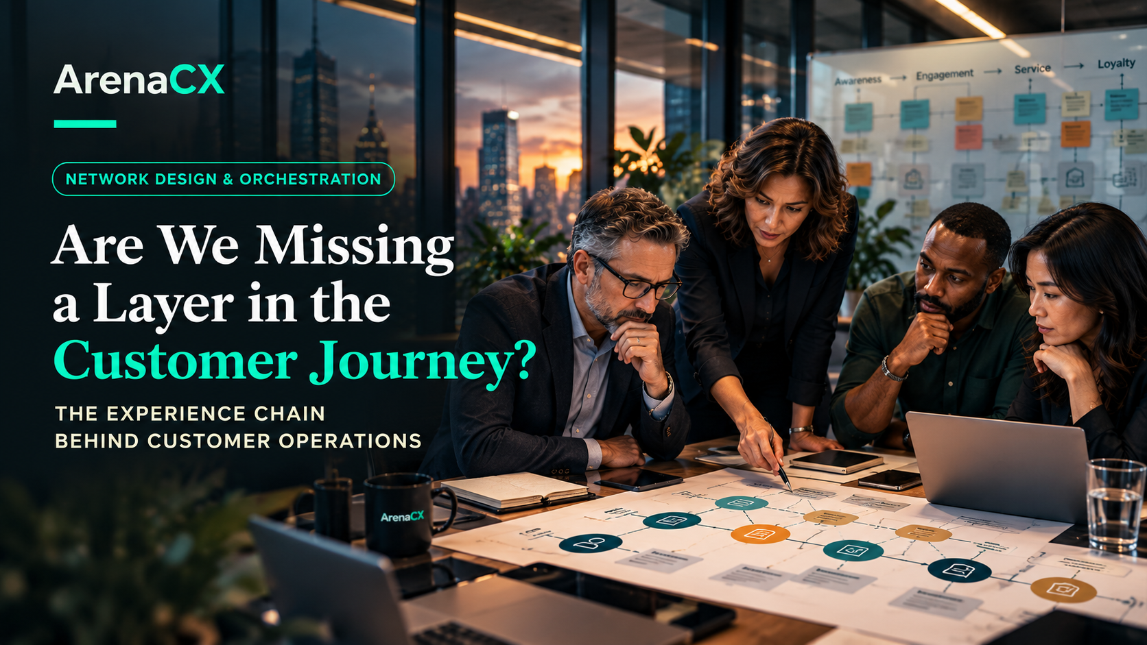 Customer-operations leaders examine a layered journey and operating-dependency map; title reads “Are We Missing a Layer in the Customer Journey?”