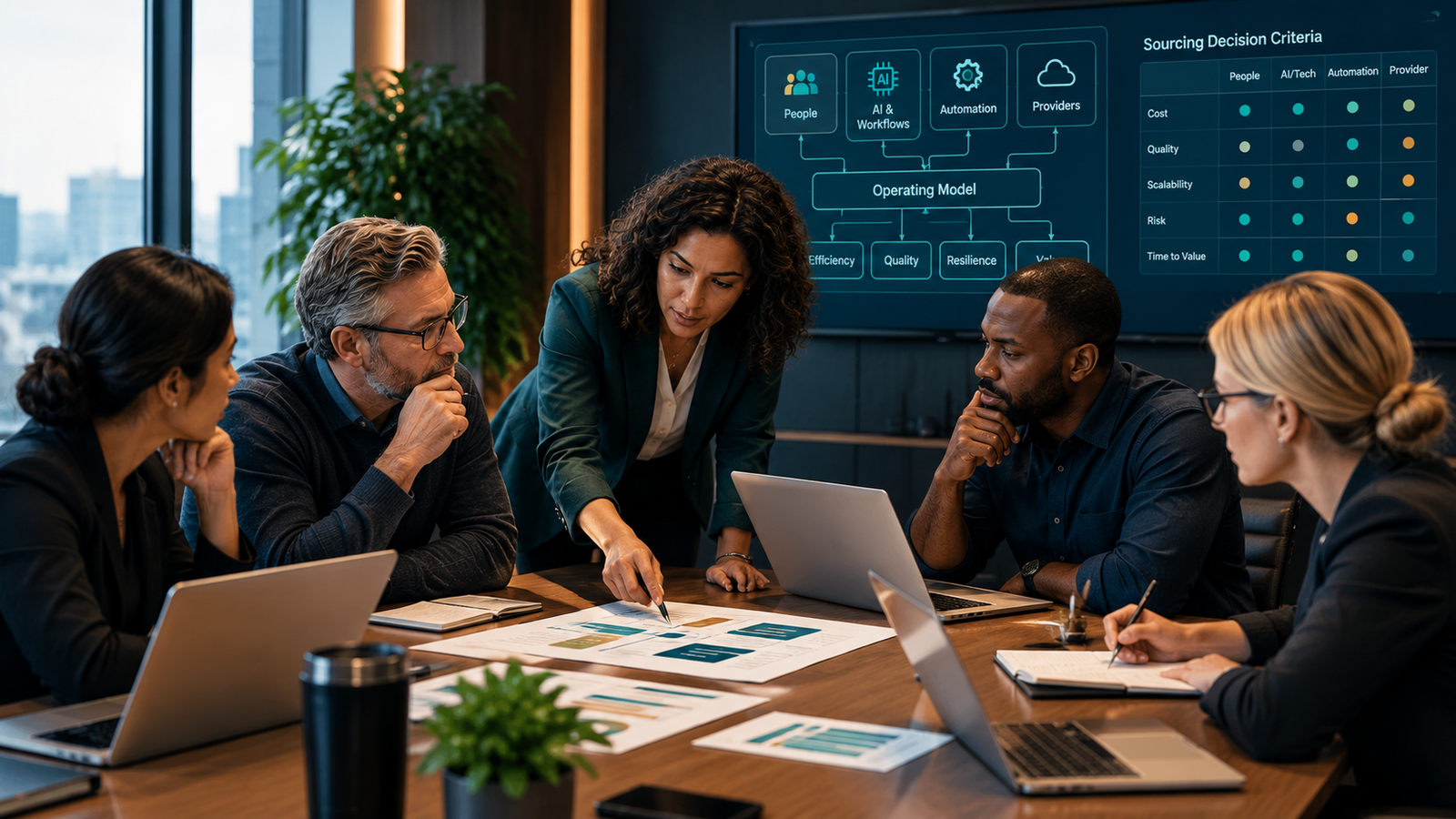 Senior sourcing and customer-operations leaders reviewing an operating-model and provider-evaluation framework that combines people, AI, automation, and external providers.