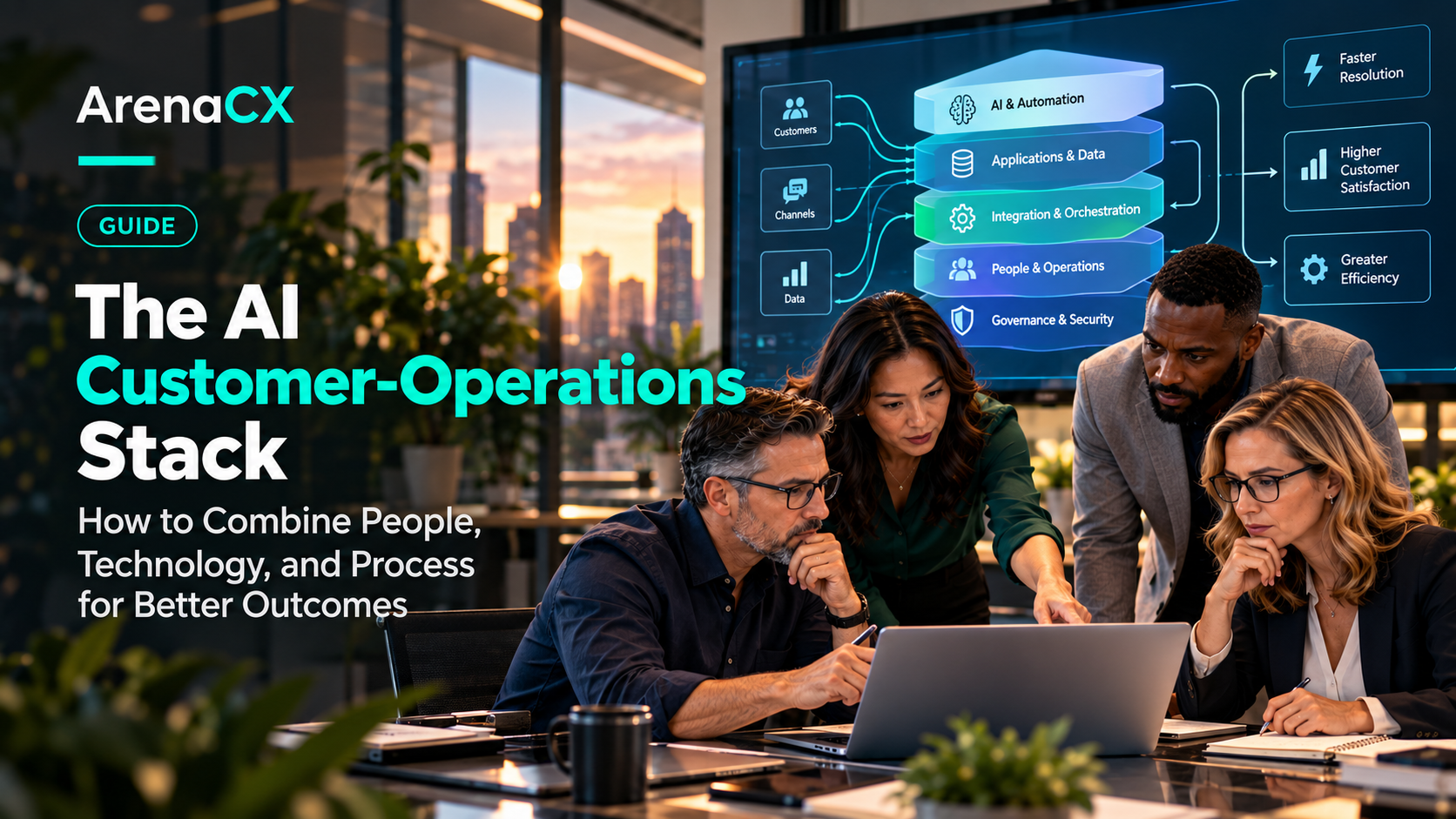 ArenaCX article thumbnail for The AI Customer-Operations Stack, showing a leader and service specialist reviewing AI-supported operational information.
