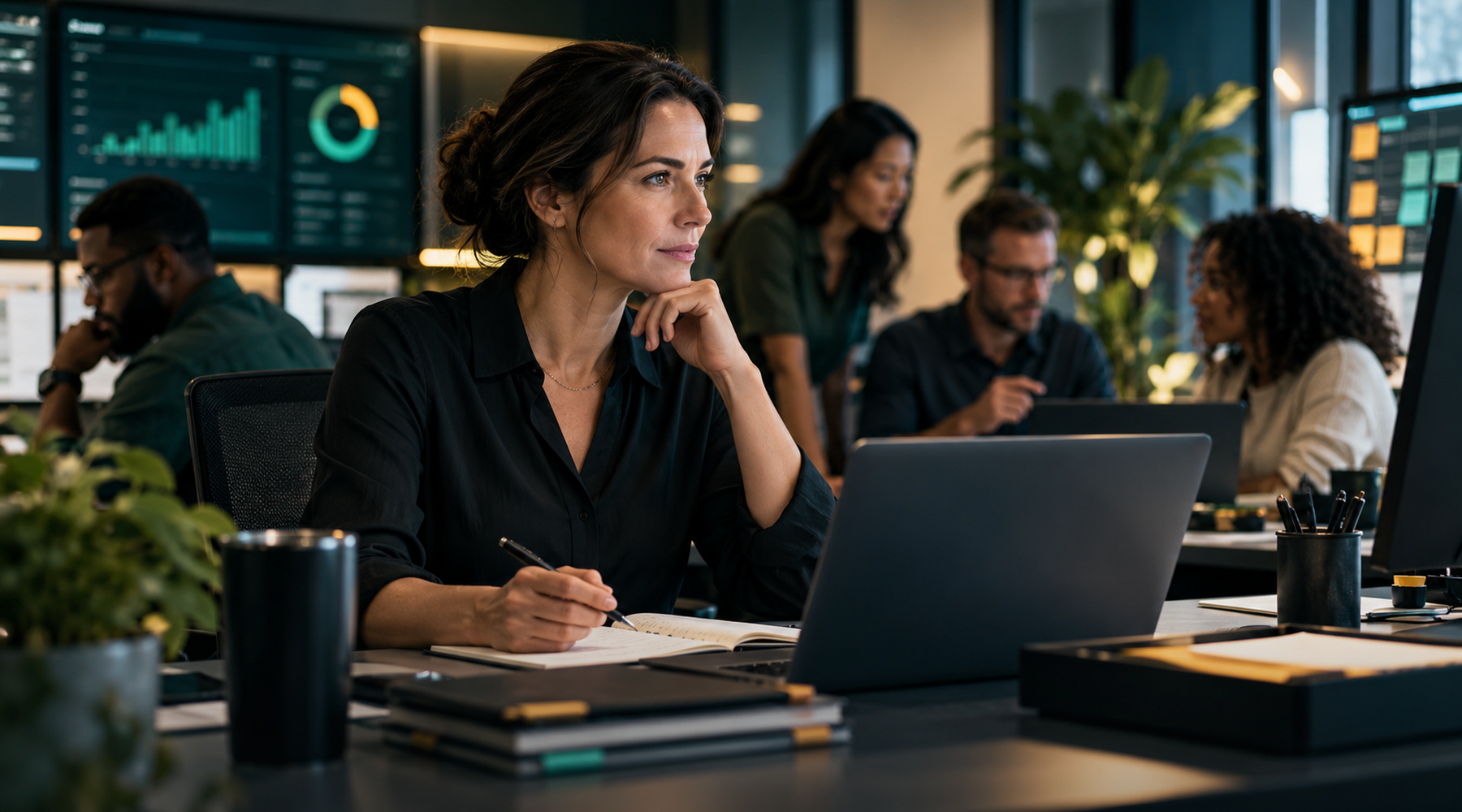 Customer-operations leader working thoughtfully in a contemporary operations environment while a team collaborates behind her.