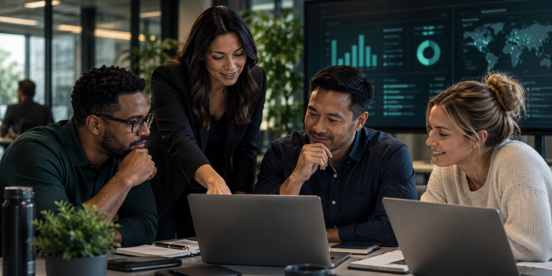 Customer-operations team collaborating around laptops with service dashboards in a modern office.