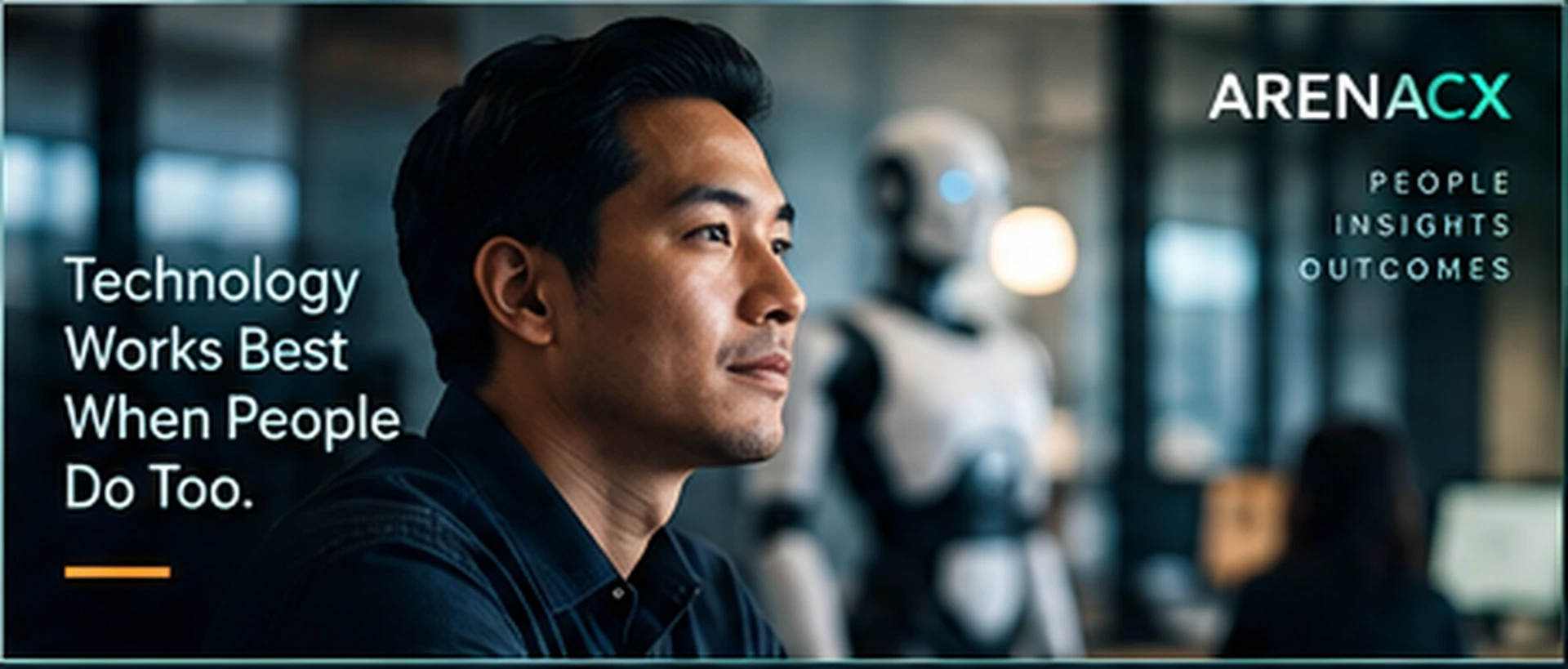A customer-operations professional in a modern workplace with a service robot in the background, representing technology supporting human work.