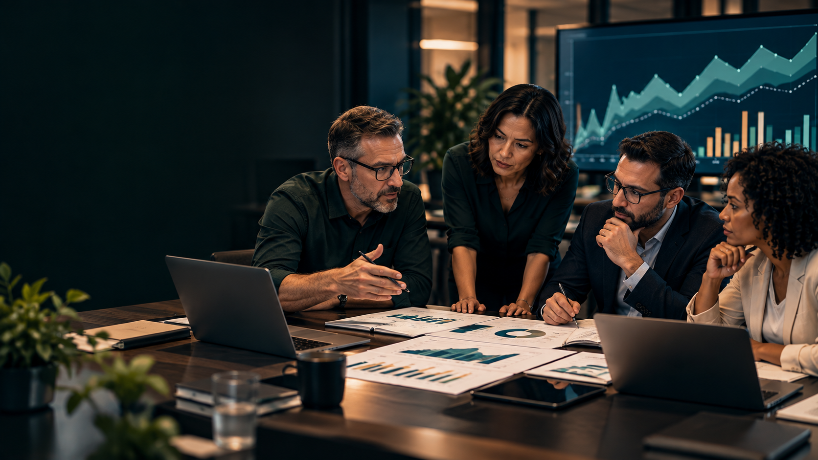 Four customer operations leaders review charts and laptops during a forecasting and capacity-planning meeting.