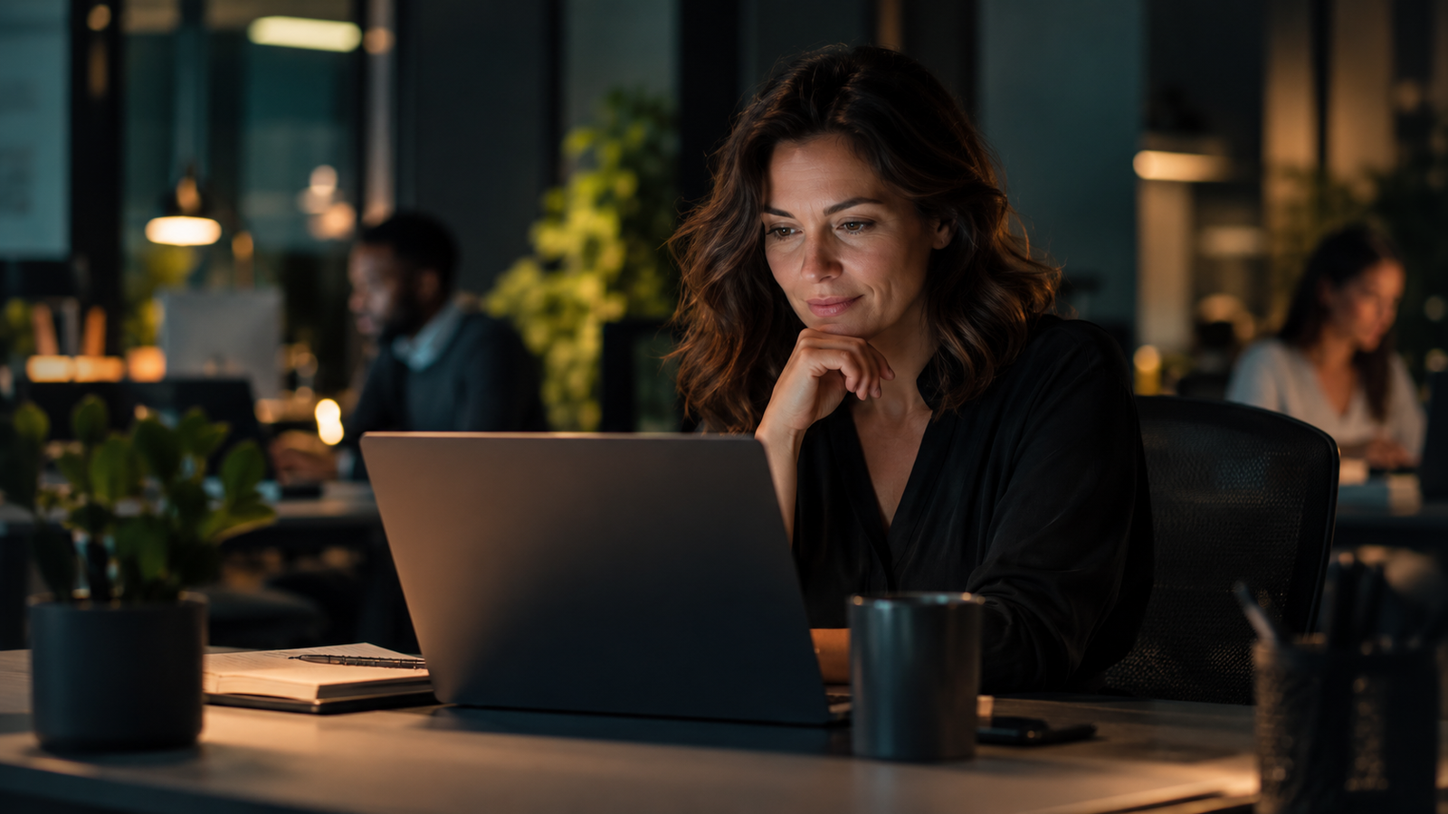 A thoughtful customer-operations professional at a laptop in a contemporary office, representing human judgment alongside AI-enabled work.
