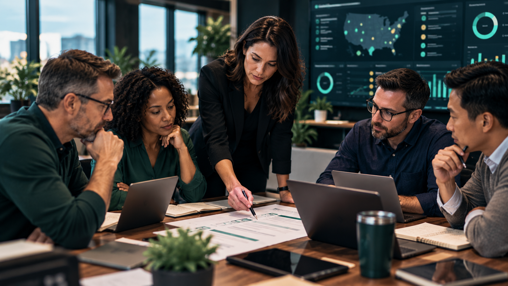 Customer-operations leaders review a readiness worksheet together with laptops and operational dashboards in a modern workplace.