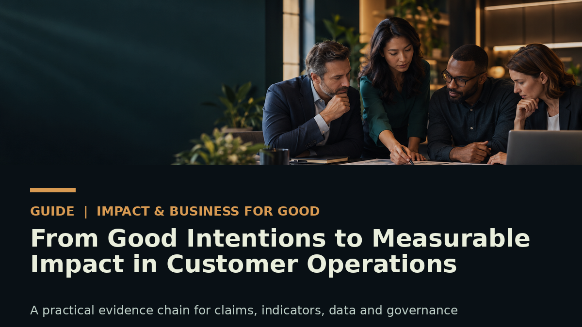 ArenaCX guide card for From Good Intentions to Measurable Impact in Customer Operations, showing customer-operations professionals reviewing measurement materials in a premium editorial layout.