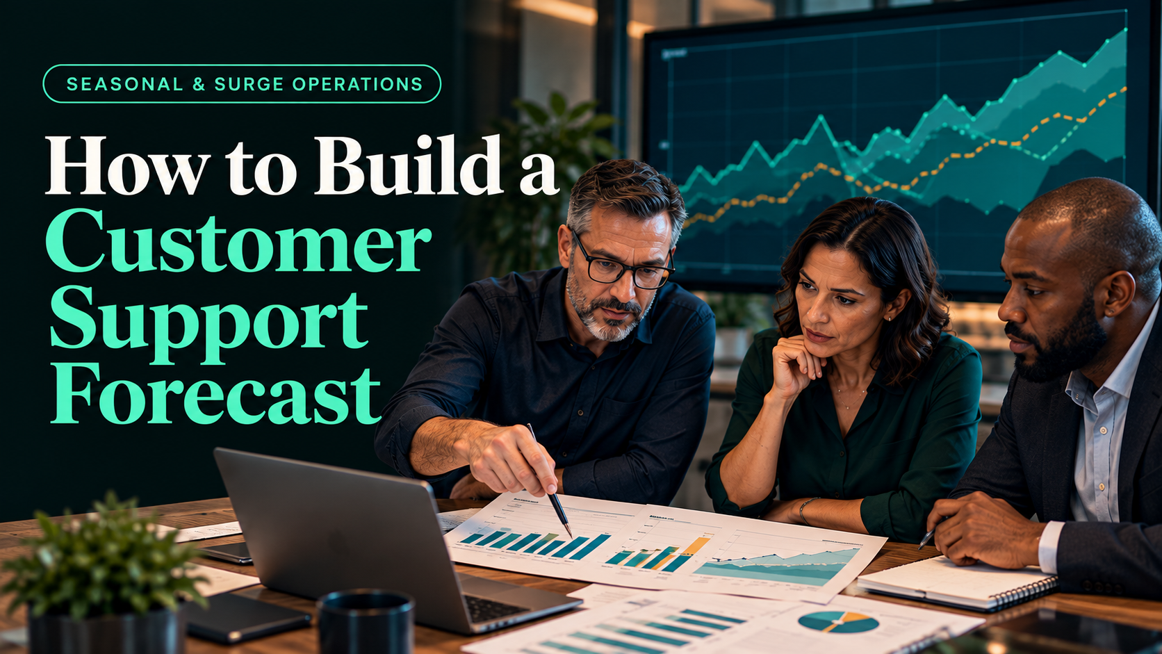 Customer operations leaders review forecast charts beside the title How to Build a Customer Support Forecast.