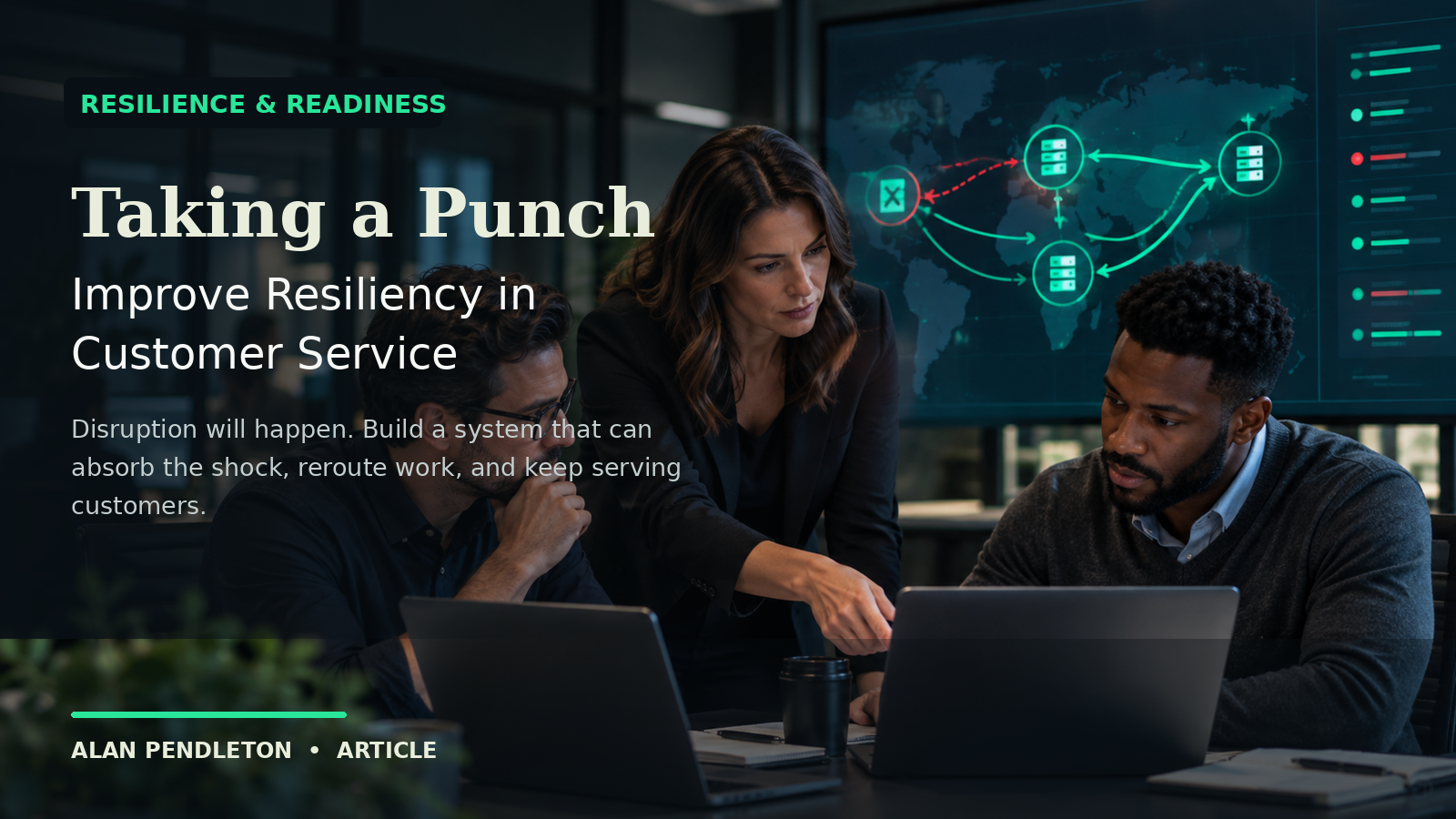 Operations professional in a customer-service continuity environment during a service disruption, with the title “Taking a Punch: Improve Resiliency in Customer Service.”