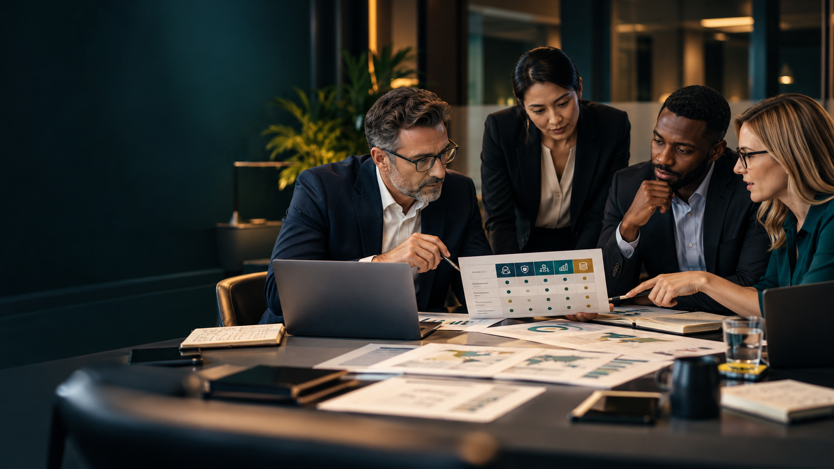 Senior operations leaders review a provider evaluation matrix, charts, and sourcing materials during a working session.