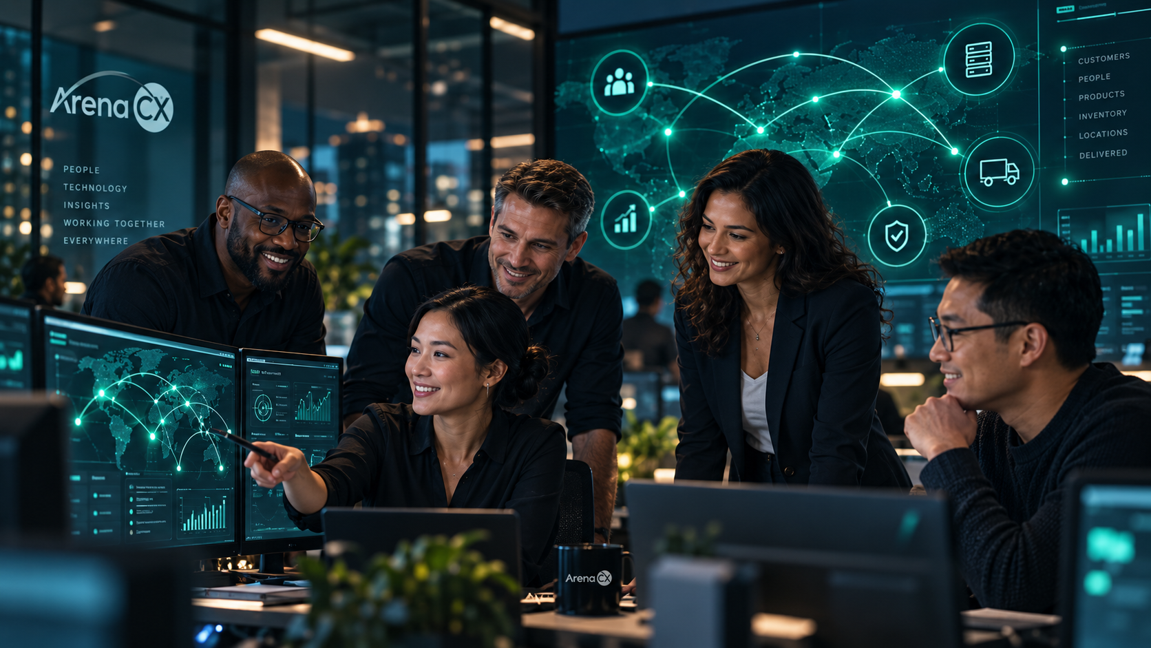 A customer-operations team collaborating around workplace monitors showing global network and operations data.