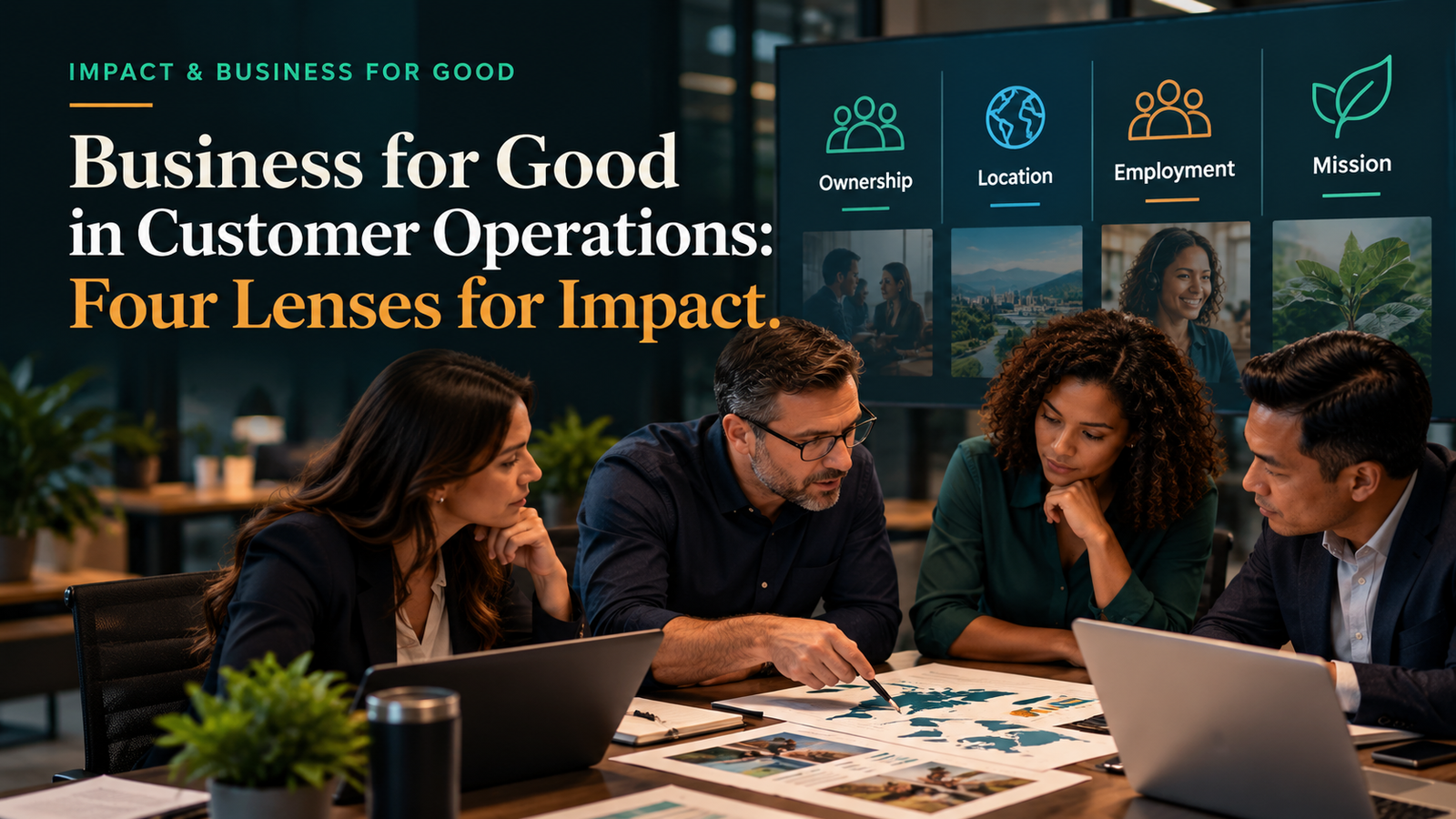 Customer-operations leaders reviewing sourcing materials beside the article title and four impact lenses: Ownership, Location, Employment, and Mission.