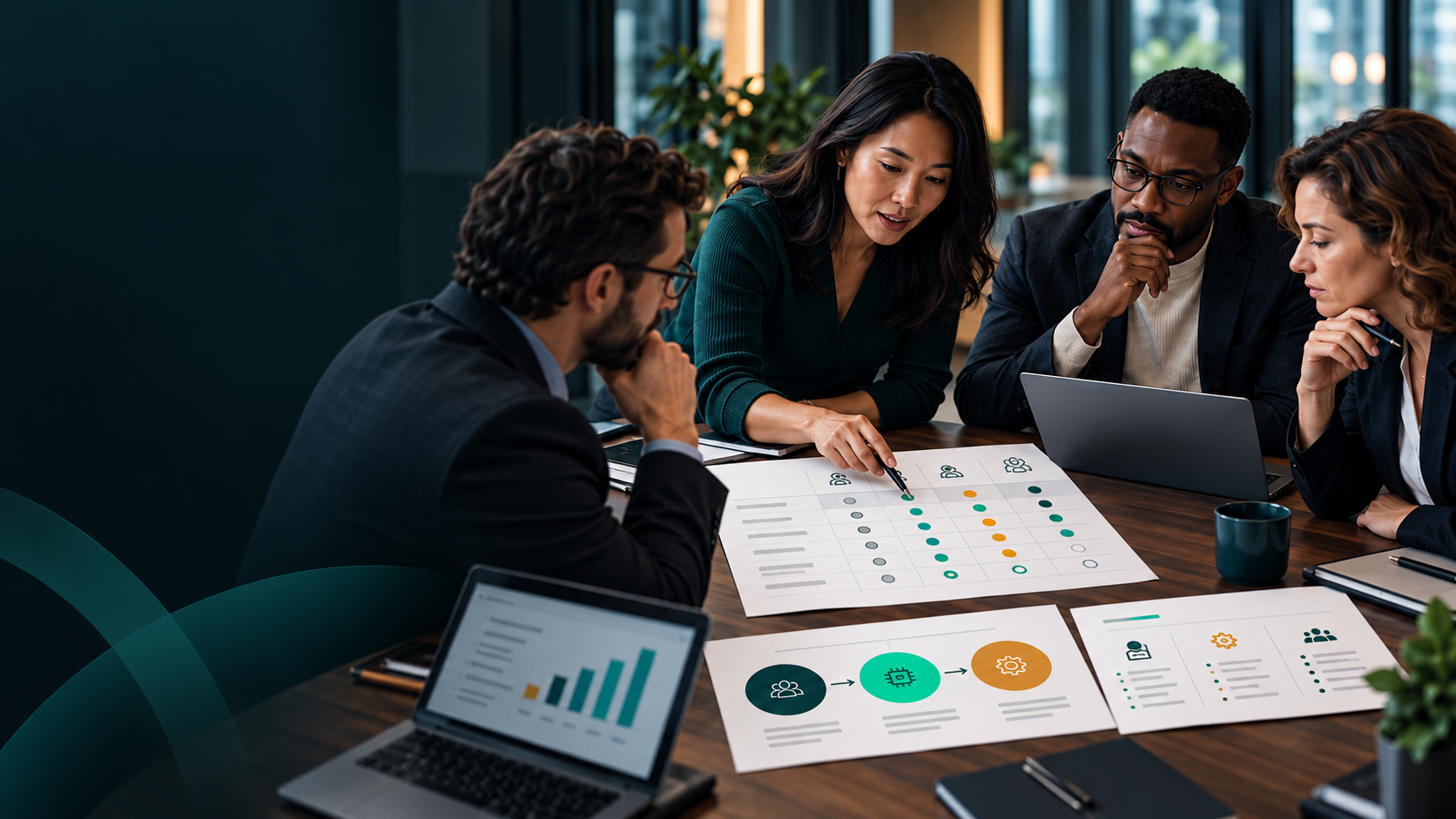 Four business professionals review a provider comparison matrix and operating-model plan during a sourcing strategy meeting.