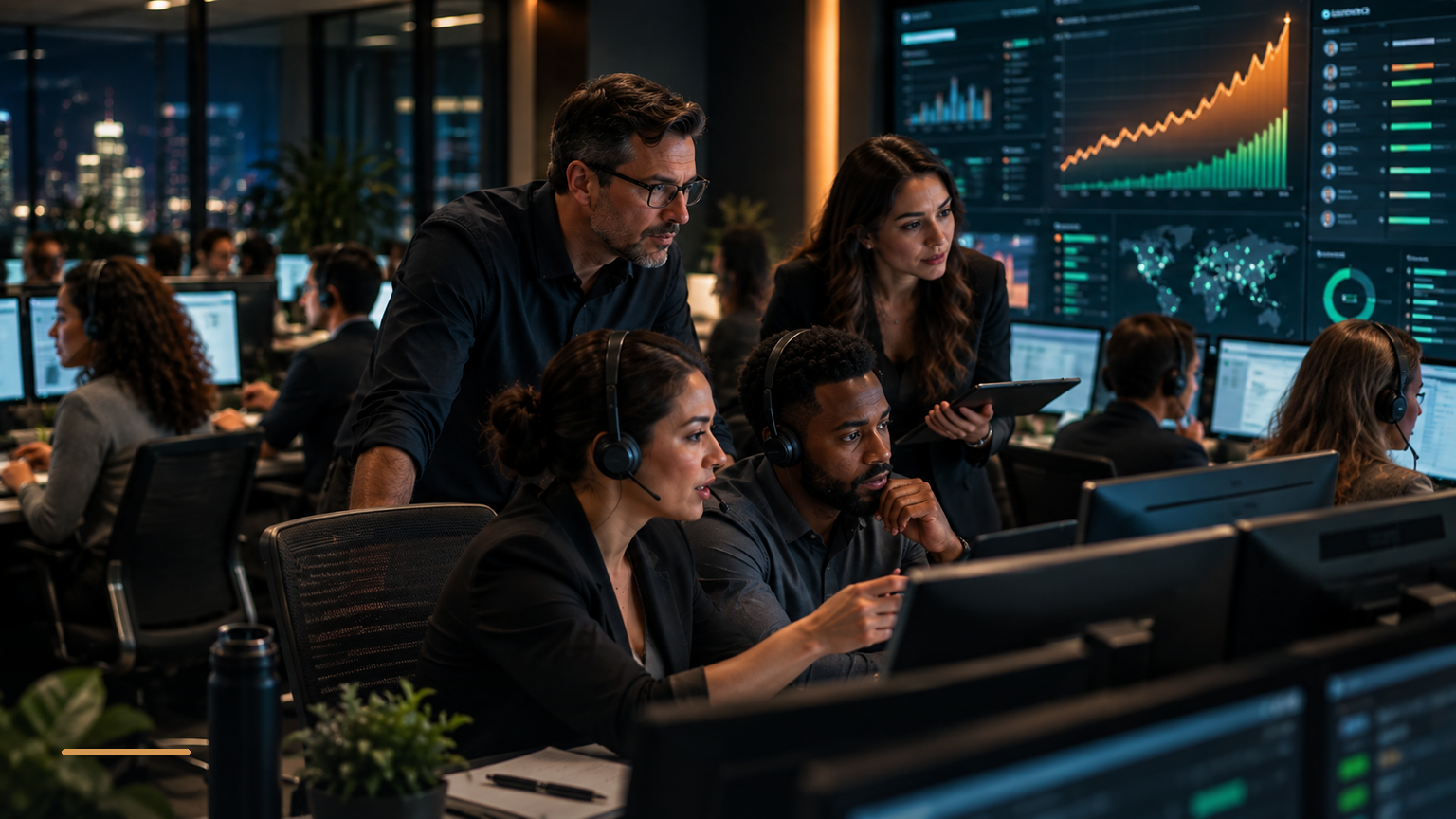 Customer-operations leaders and frontline staff coordinating through a live demand spike in a contemporary operations environment.